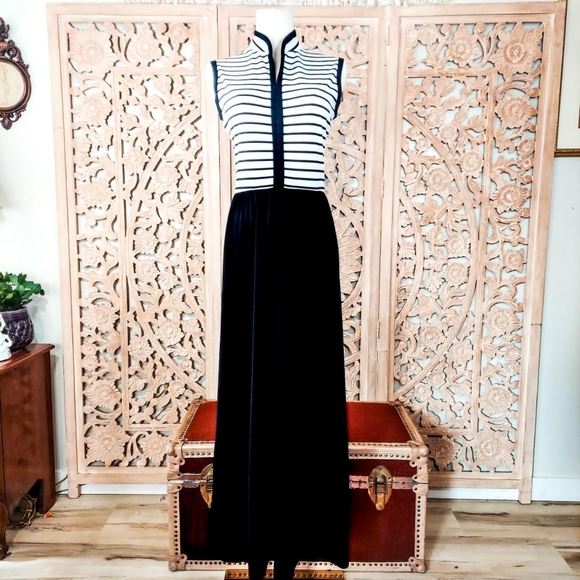 Vintage 1970s Striped Mandarin Collar Black and White Maxi Dress - Picture 2 of 7